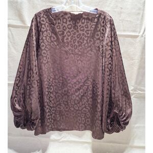 Vine & Love Satin Leopard Print V-Neck Blouse Mauve Brown Balloon Sleeve - Large